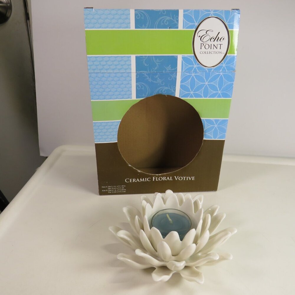 Lotus Flower Ceramic Candle Votive Holder with Candle NEW CONDITION 5" wide #2